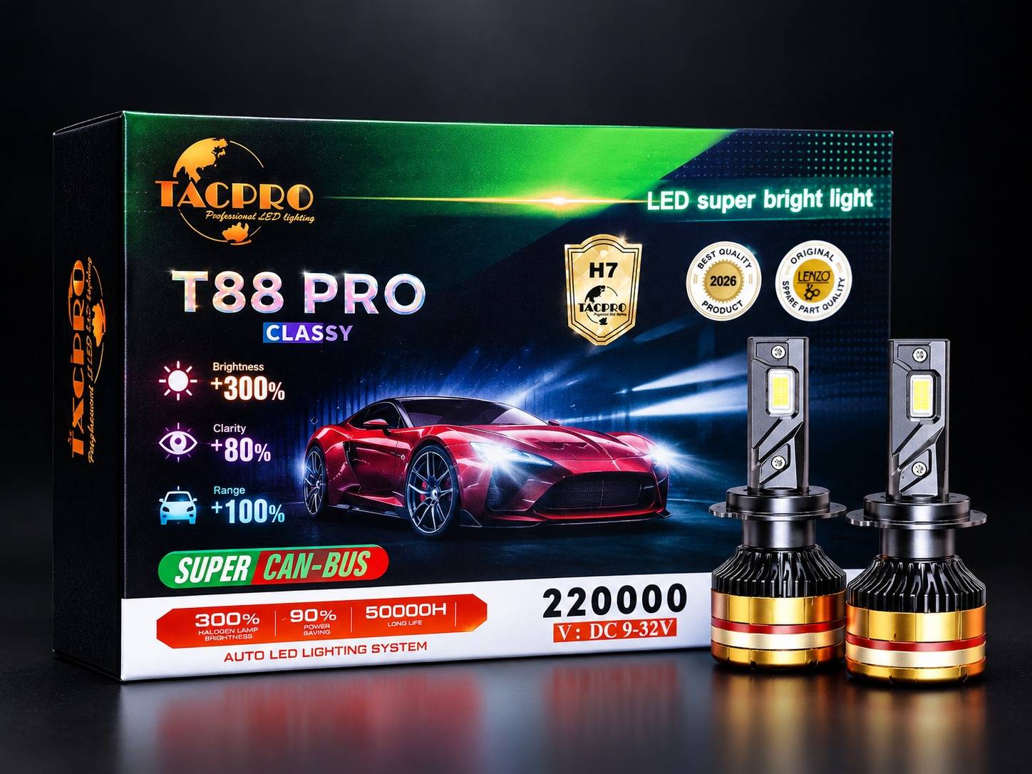 هدلایت لنزو  مدل T88 PRO پایه H7، ولتاژ 9–32V افتابی