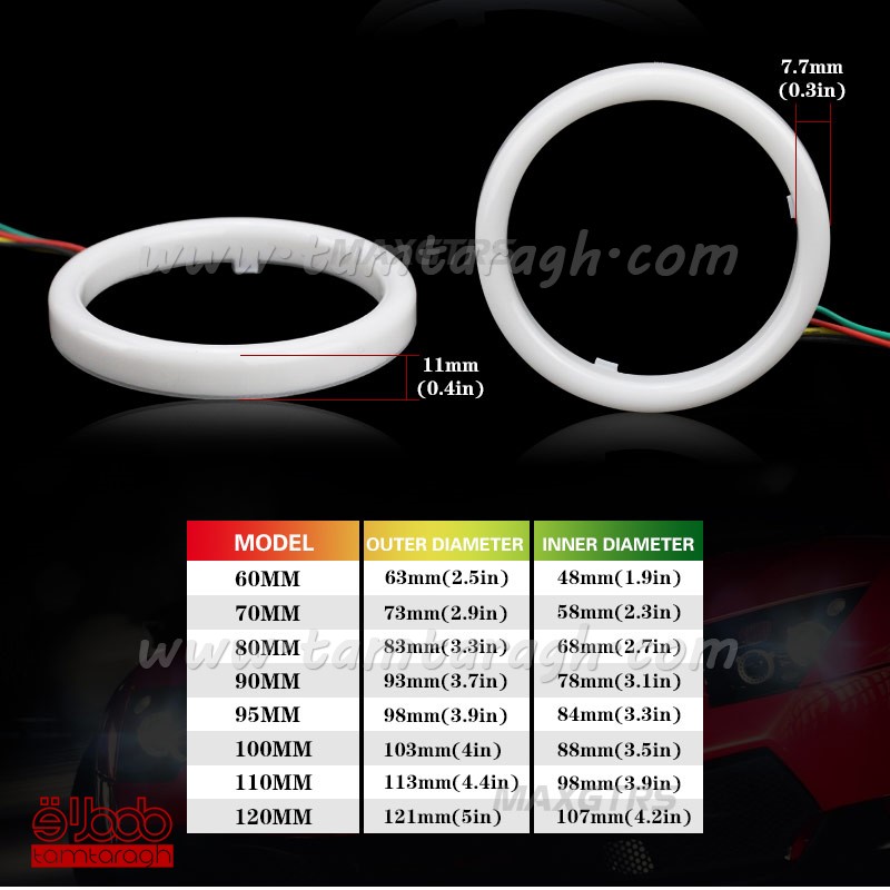 دی لایت حلقه ای داخل کاسه چراغ RGB با ریموت کنترل در سایزهای 80-90-100-110-120 میلی متر (RGB Angel eyes)